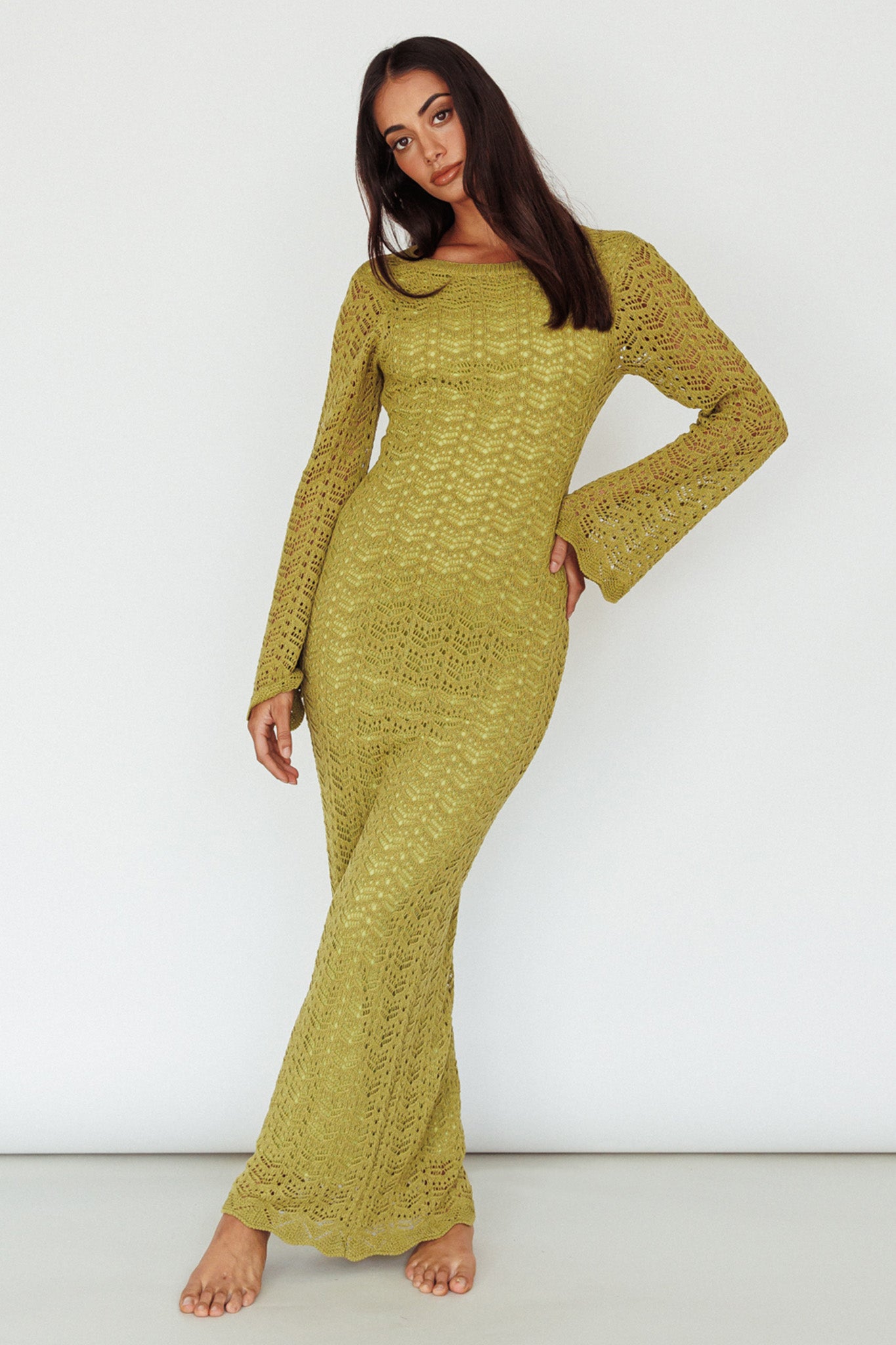 Hyland Open Back Crochet Maxi Dress Olive by Selfie Leslie