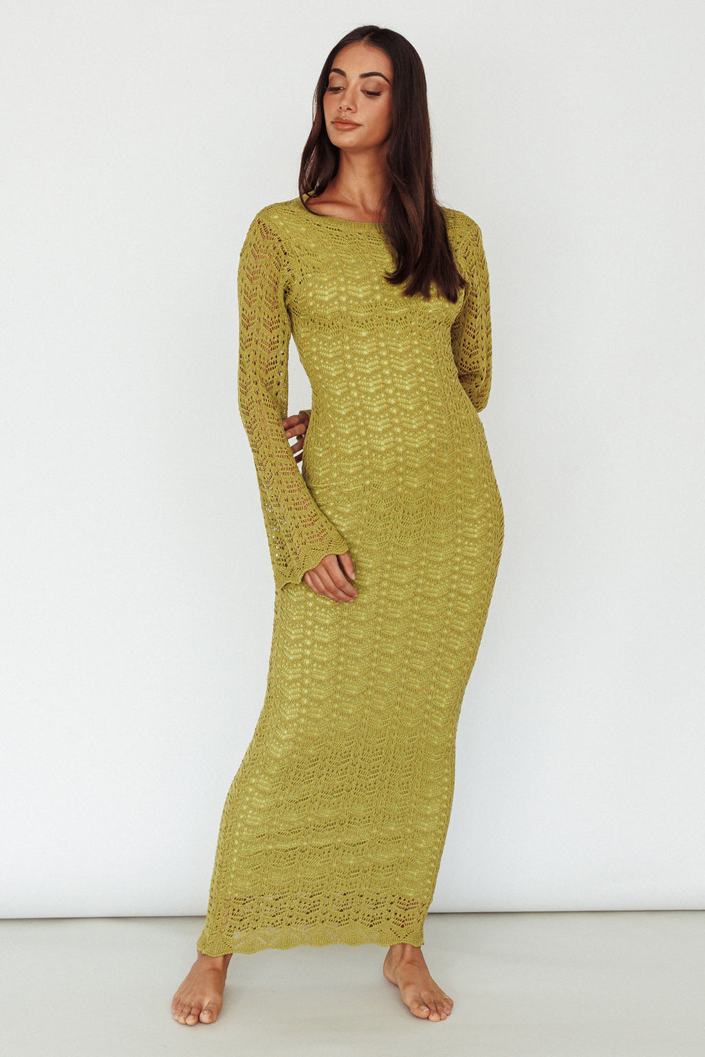 Hyland Open Back Crochet Maxi Dress Olive by Selfie Leslie