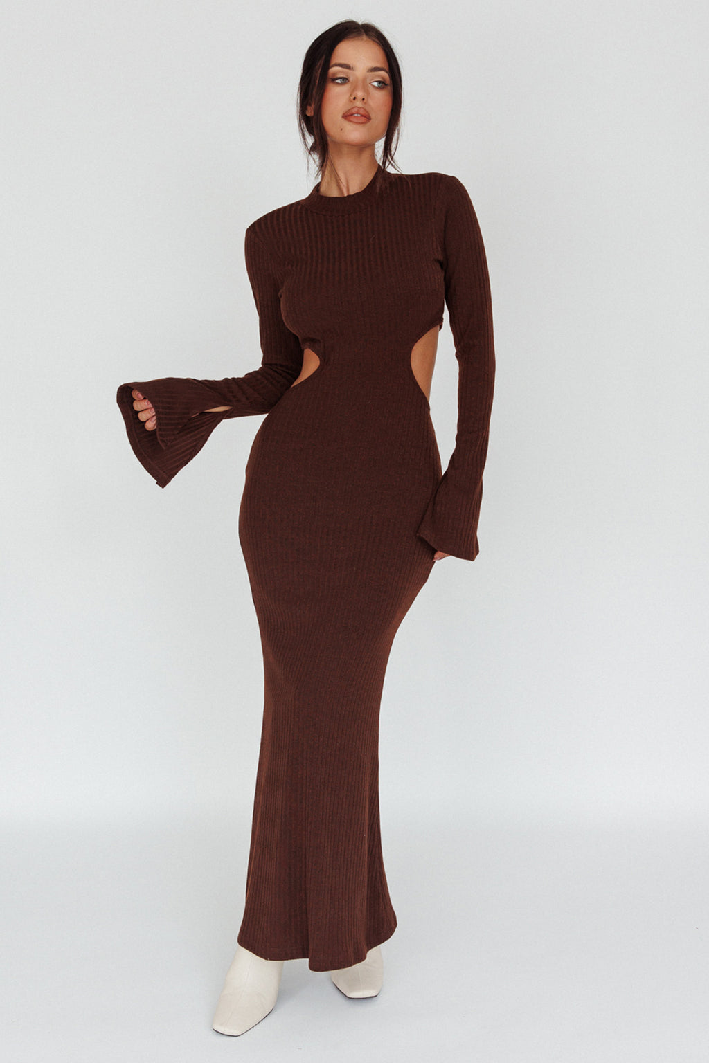 Shianne Long Sleeve Knit Maxi Dress Chocolate by Selfie Leslie