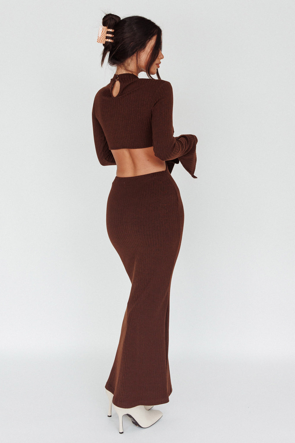 Shianne Long Sleeve Knit Maxi Dress Chocolate by Selfie Leslie
