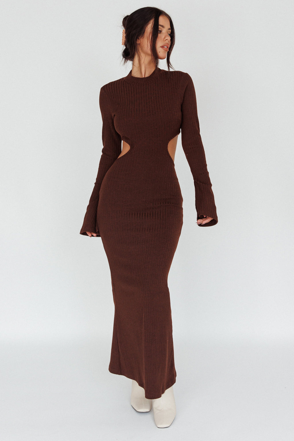 Shianne Long Sleeve Knit Maxi Dress Chocolate by Selfie Leslie