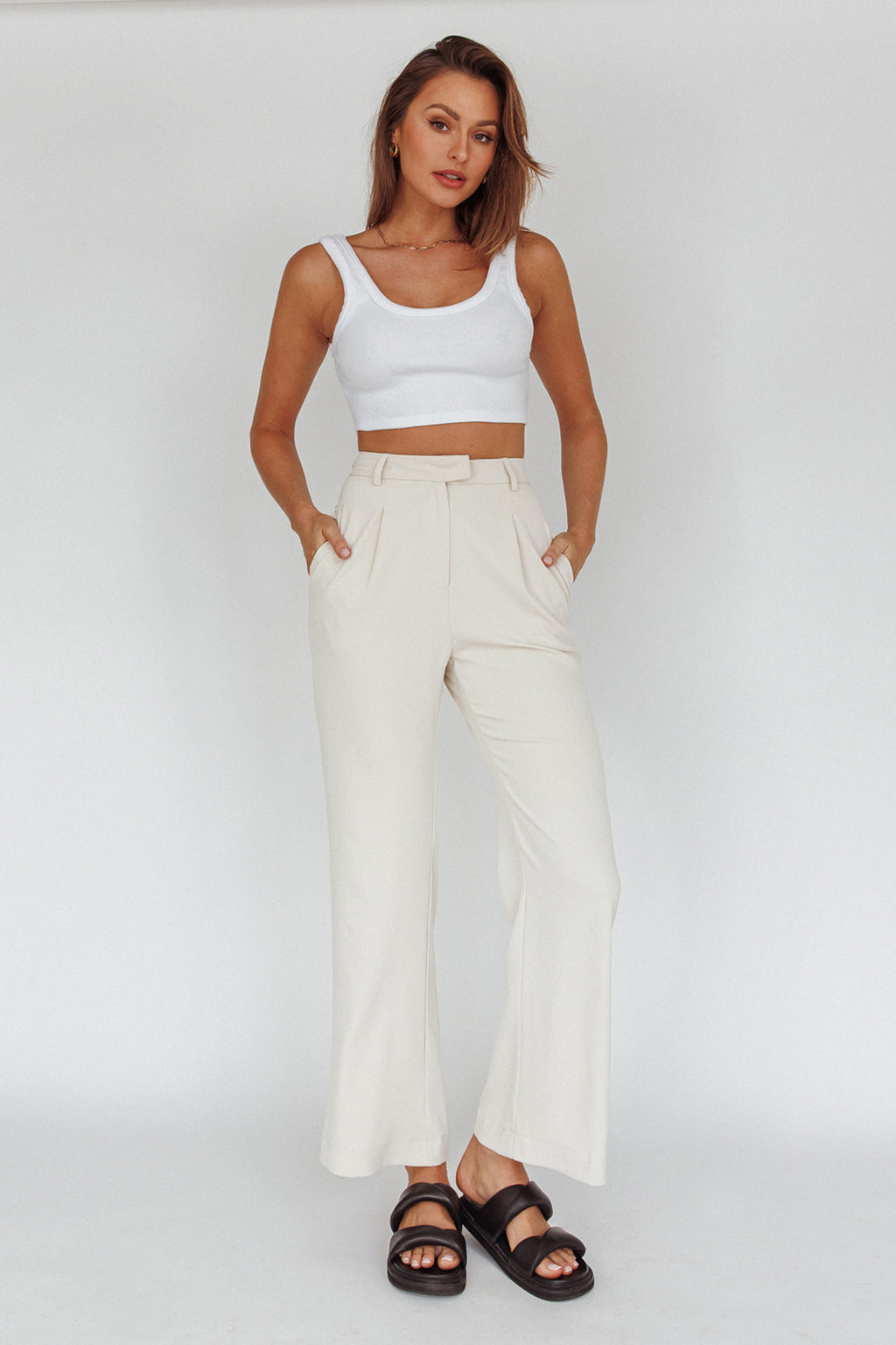 Back To Basics High Waist Pants Stone by Selfie Leslie