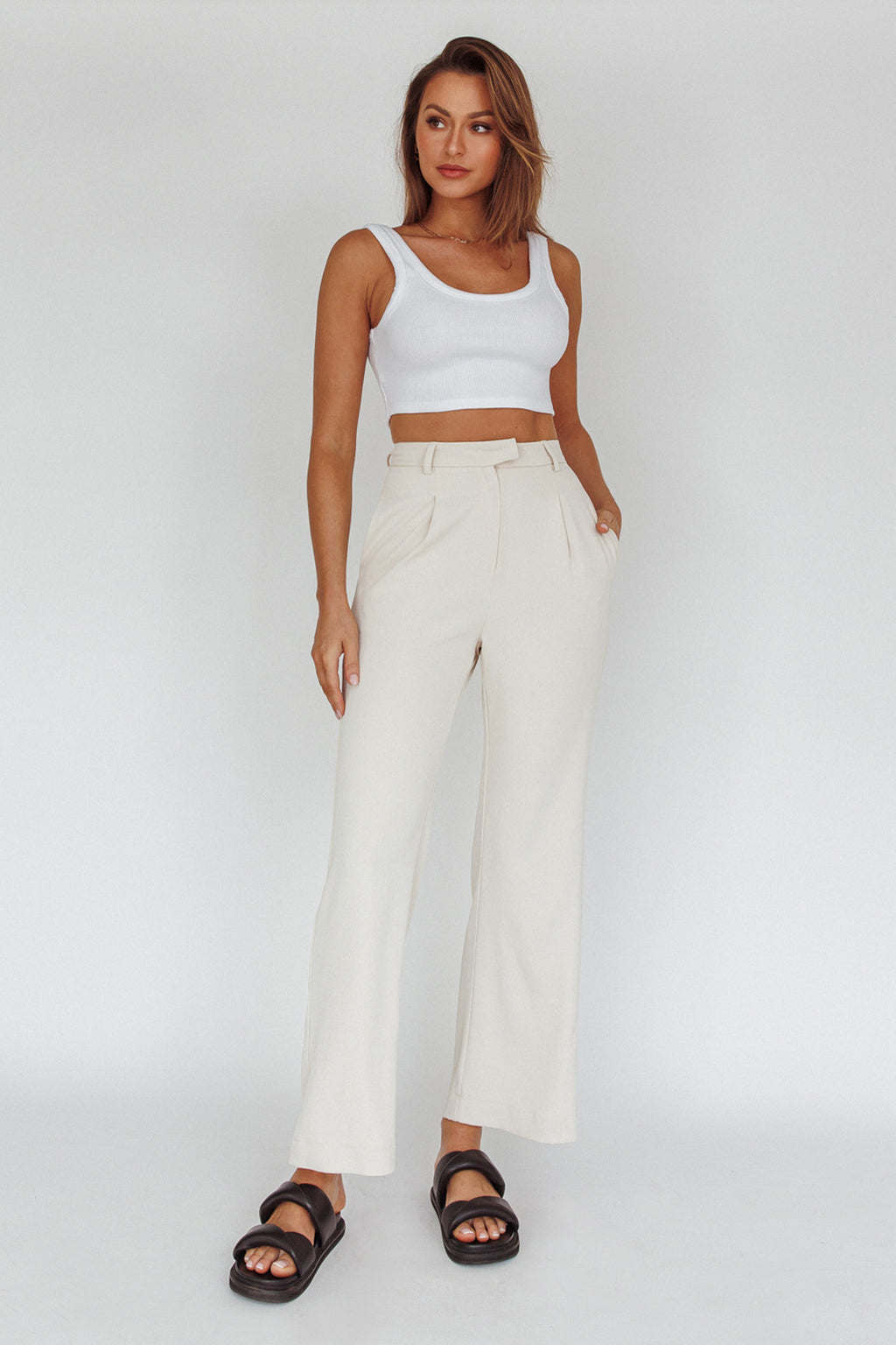Back To Basics High Waist Pants Stone by Selfie Leslie