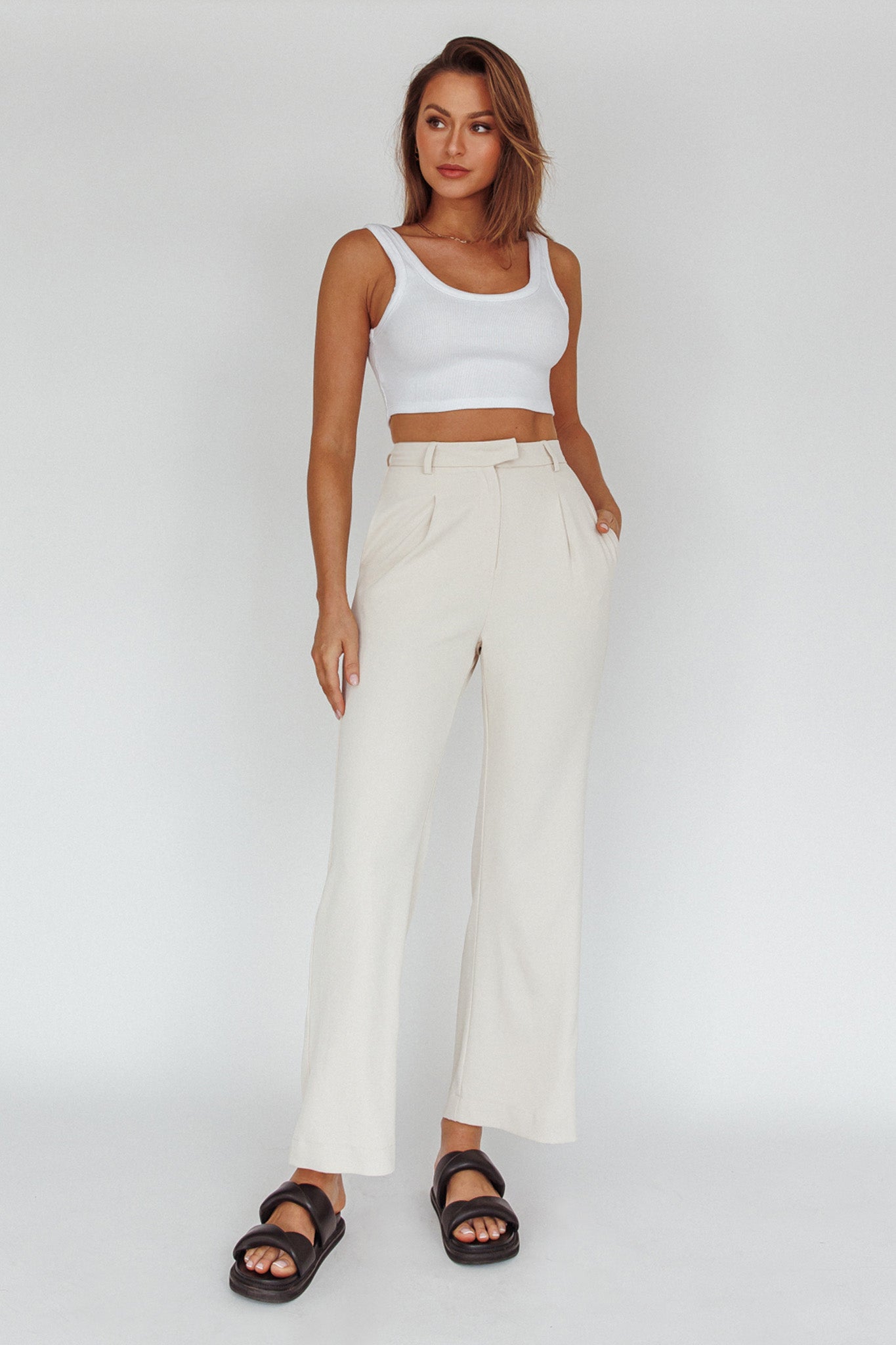 Back To Basics High Waist Pants Stone by Selfie Leslie