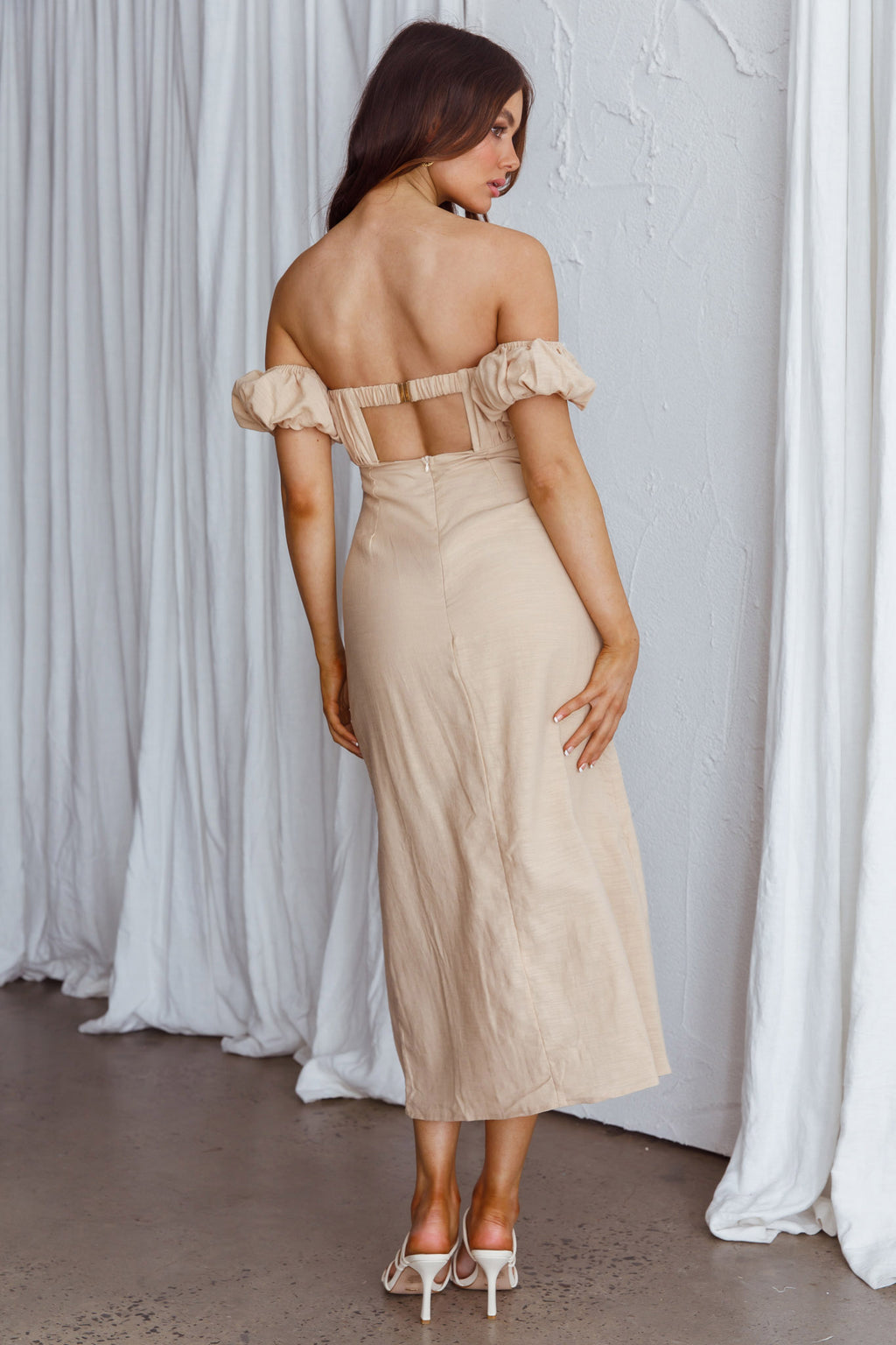 Nico Off-Shoulder Split Midi Dress Sand by Selfie Leslie