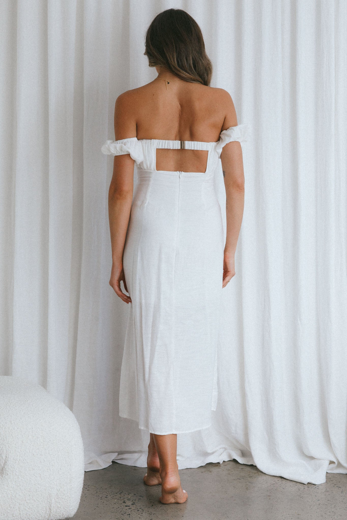 Nico Off-Shoulder Split Midi Dress White by Selfie Leslie