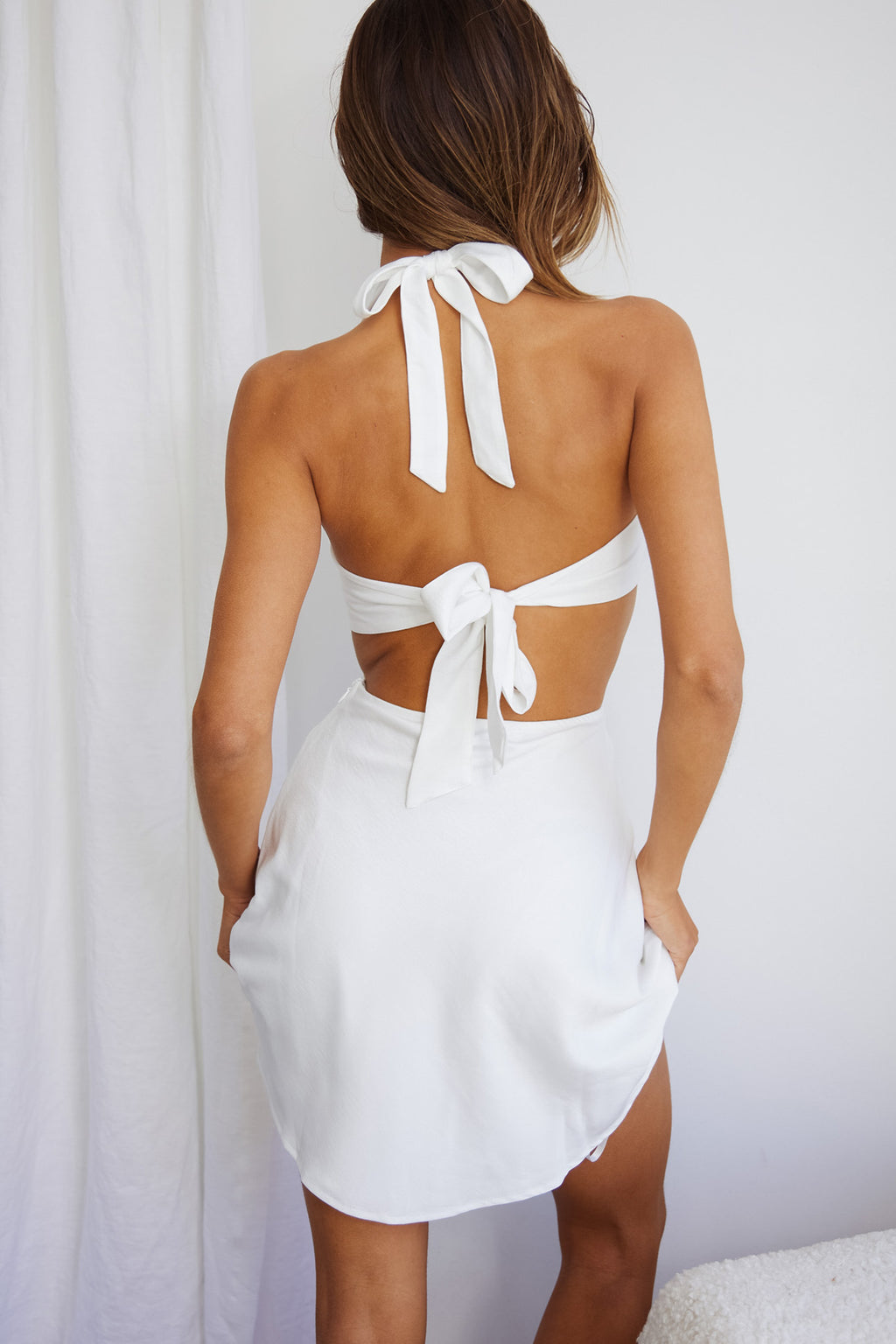 Acapulco Halterneck Tie-Up Back Satin Mini Dress White by Selfie Leslie