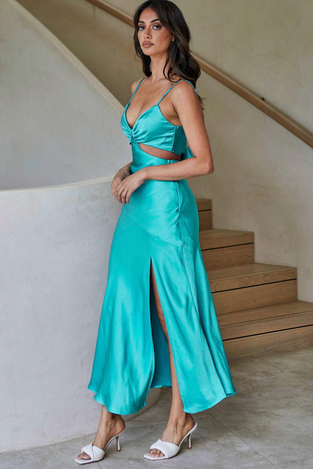 Acapulco Cami Strap Tied Back Satin Maxi Dress Green by Selfie Leslie