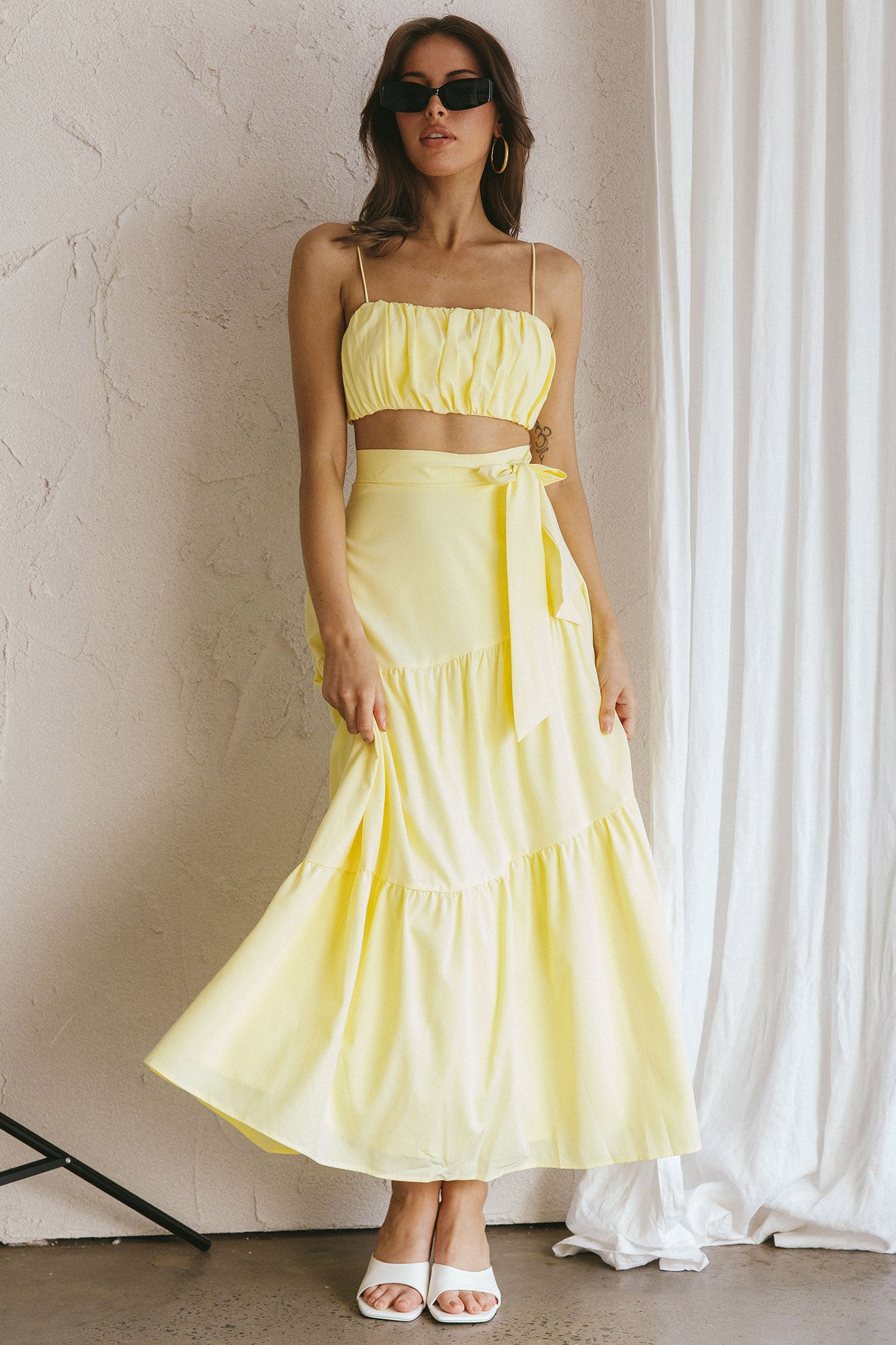 Bondi Waist Tie Maxi Skirt Lemon by Selfie Leslie