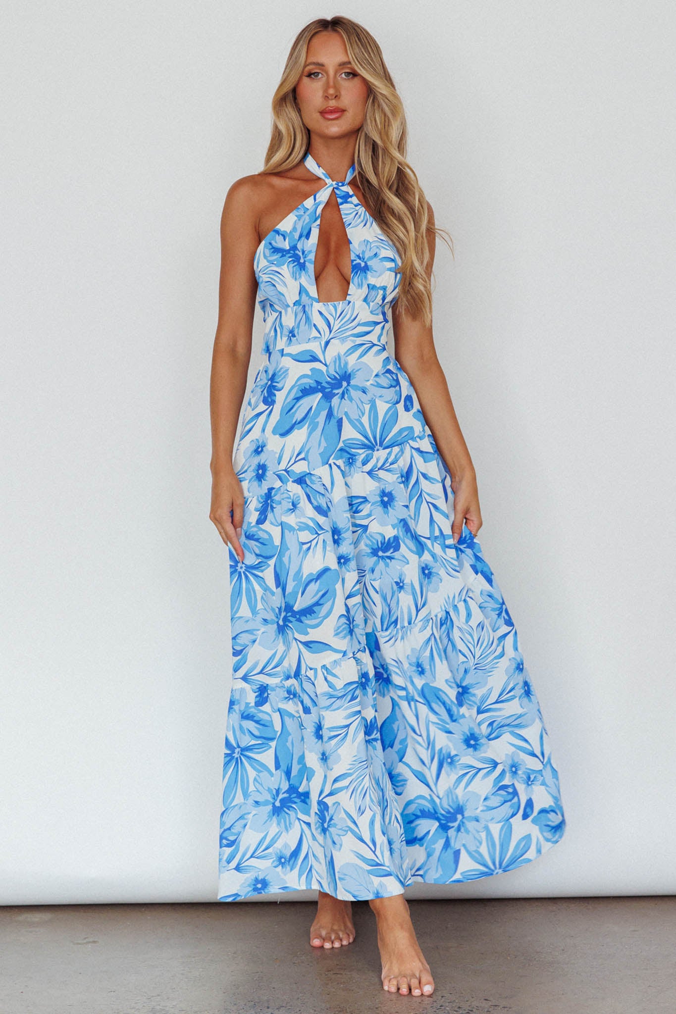Bondi Keyhole Bust Maxi Dress Floral Blue by Selfie Leslie
