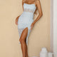 First Kiss Strappy Back Lace Overlay Knee Length Split Dress Steel Blue