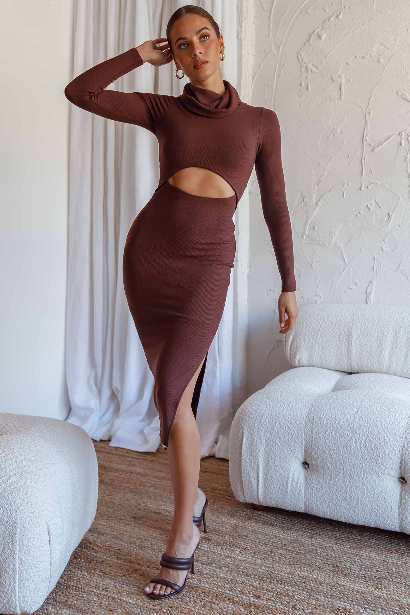 Nostalgia Cut-Out Waist Turtleneck Knee Length Dress Chocolate by Selfie Leslie