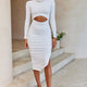 Nostalgia Cut-Out Waist Turtleneck Knee Length Dress White