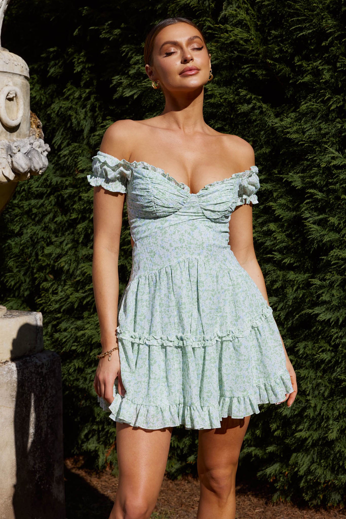 Run The World Off-Shoulder Mini Dress Floral Green by Selfie Leslie