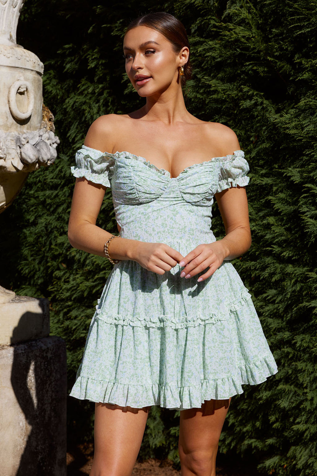 Run The World Off-Shoulder Mini Dress Floral Green by Selfie Leslie