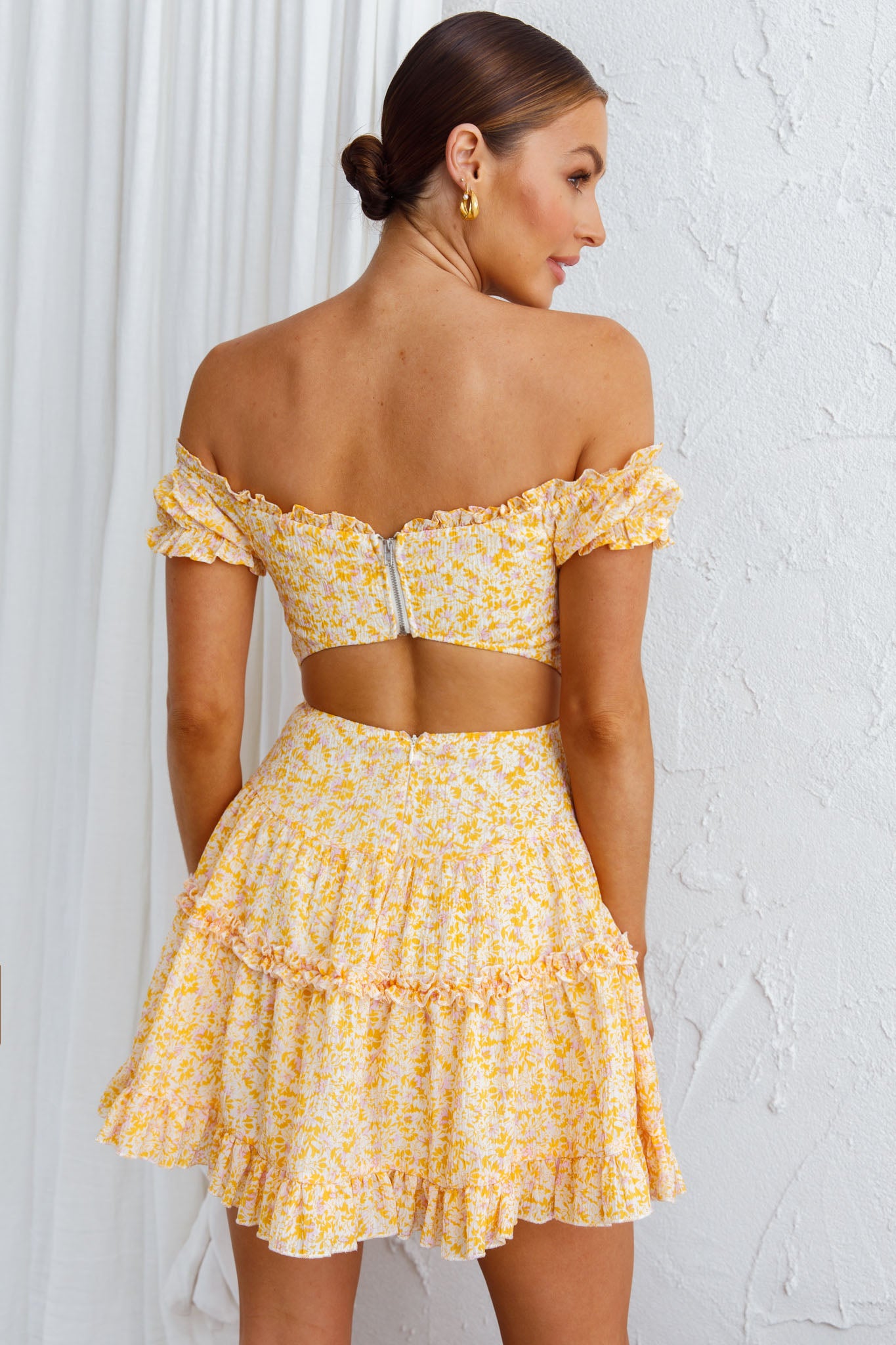 rhylee light yellow satin lace-up off-the-shoulder mini dress Yellow Satin Dress - Lace-Up Mini Dress - Off-the-Shoulder Dress