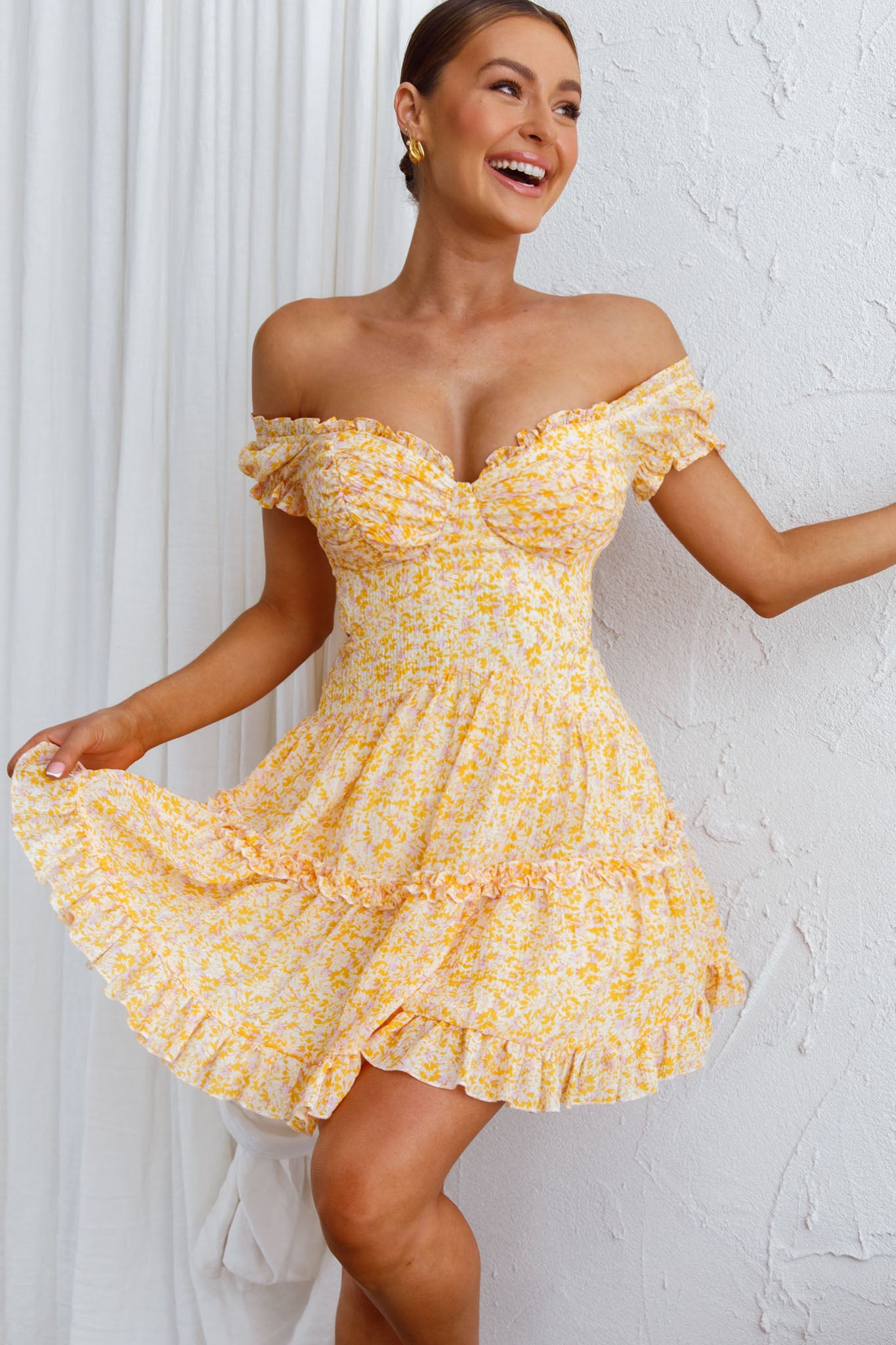 Run The World Off-Shoulder Mini Dress Floral Yellow by Selfie Leslie