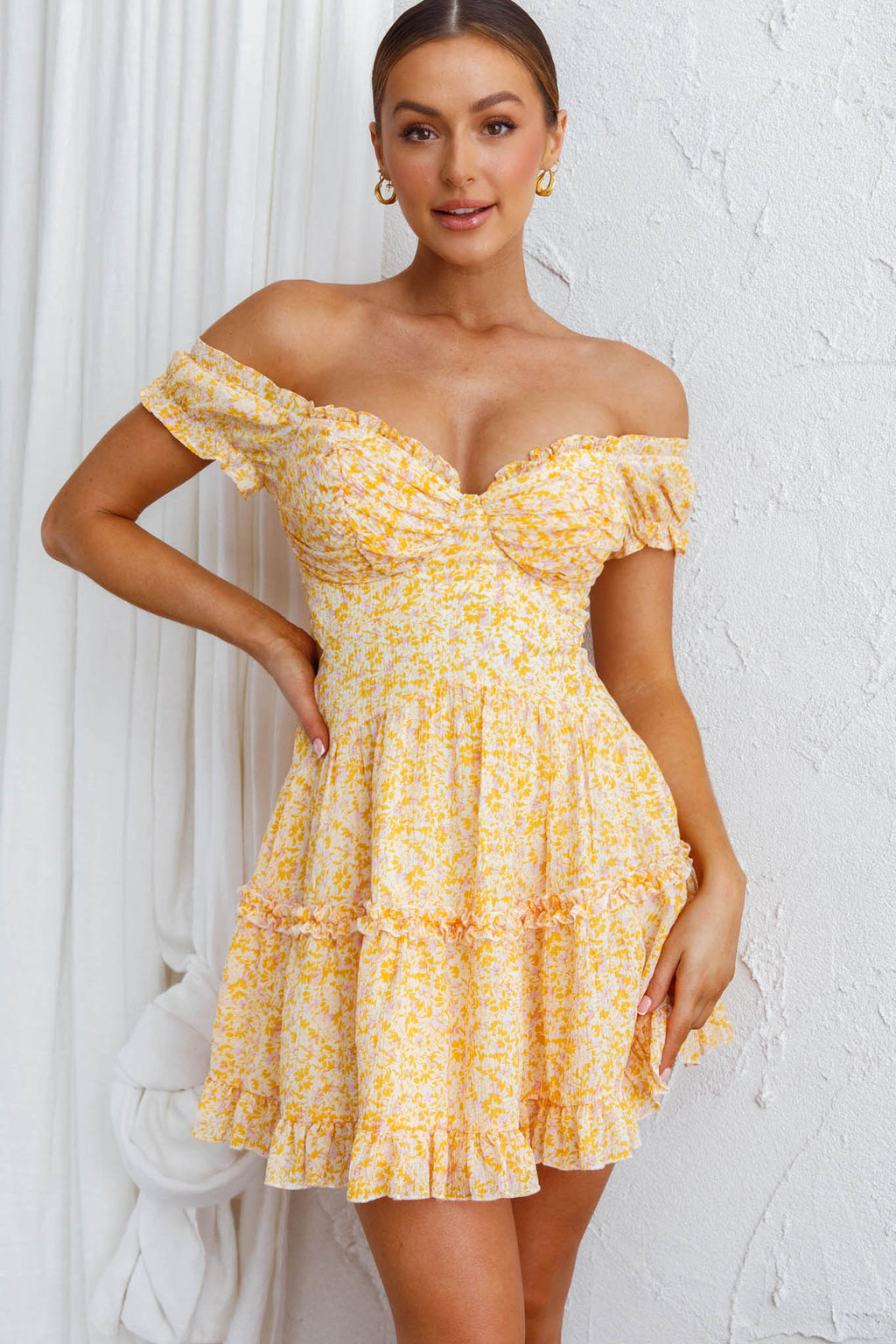 Run The World Off-Shoulder Mini Dress Floral Yellow by Selfie Leslie