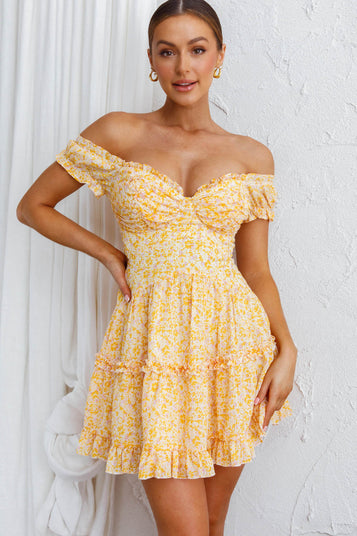 Shop the Run The World Off-Shoulder Mini Dress Floral Yellow | Selfie ...