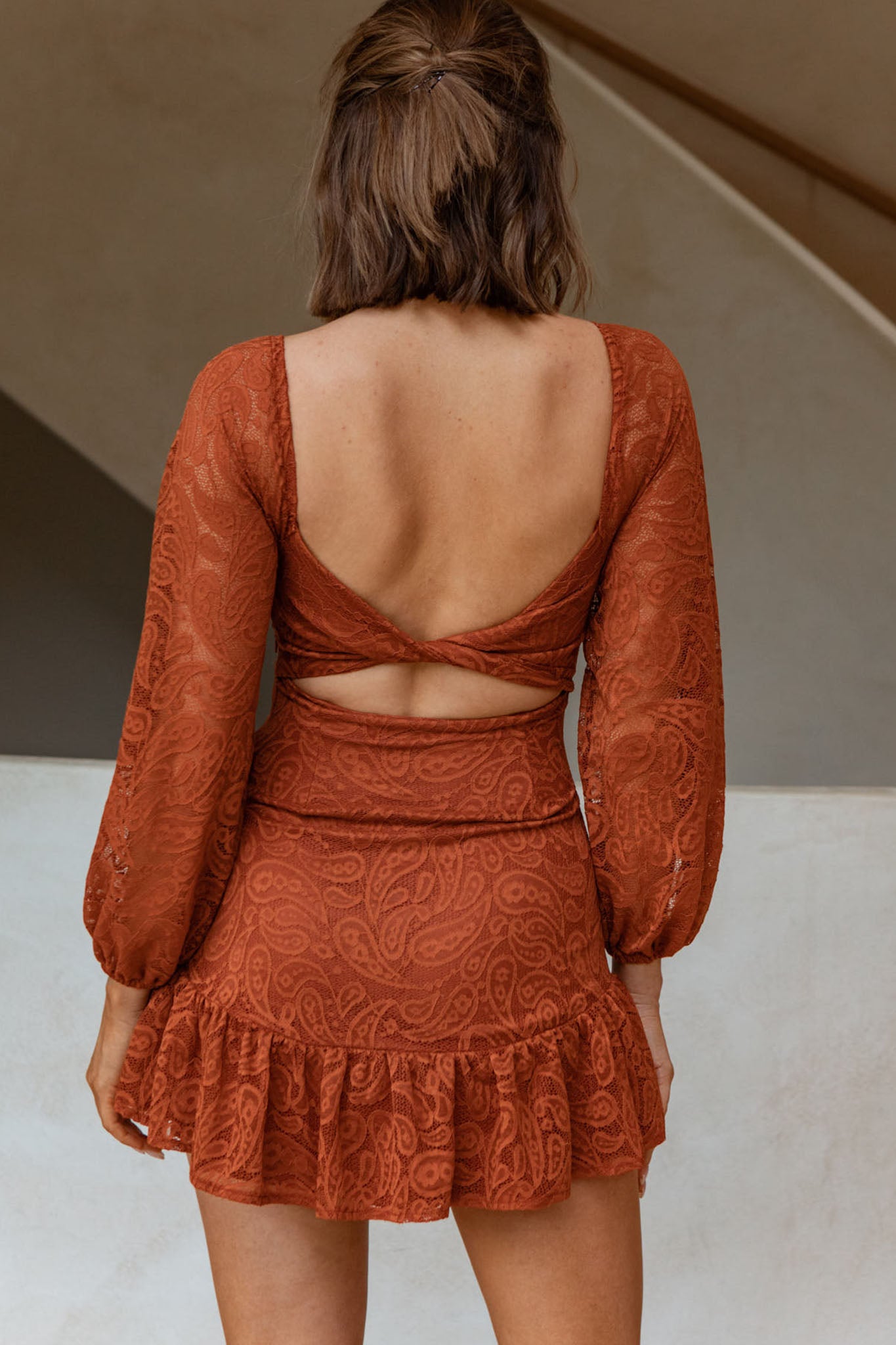 La La Land Twisted Bust & Back Paisley Lace Mini Dress Rust by Selfie Leslie
