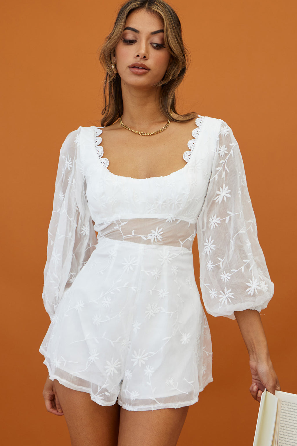 Delphine Balloon Sleeve Open Back Floral Embroidery Romper White by Selfie Leslie