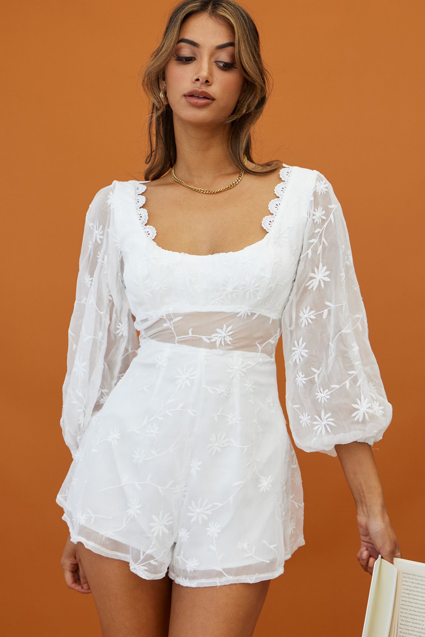 Delphine Balloon Sleeve Open Back Floral Embroidery Romper White by Selfie Leslie