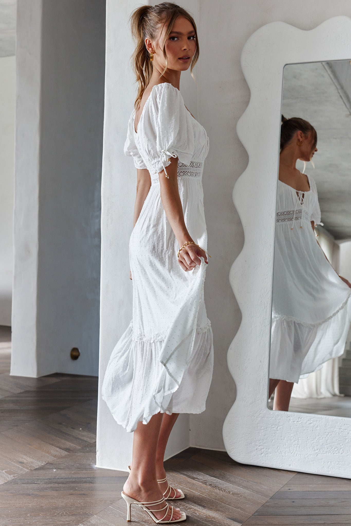 Topanga Canyon String Tie Boho Midi Dress White Topanga Canyon String Tie Boho Midi Dress White