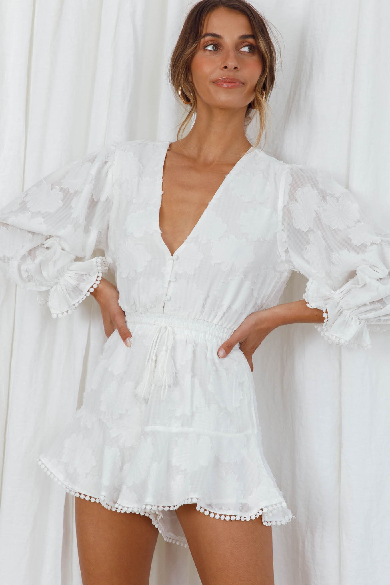 Live Free Button-Up Bodice Long Sleeve Romper White by Selfie Leslie
