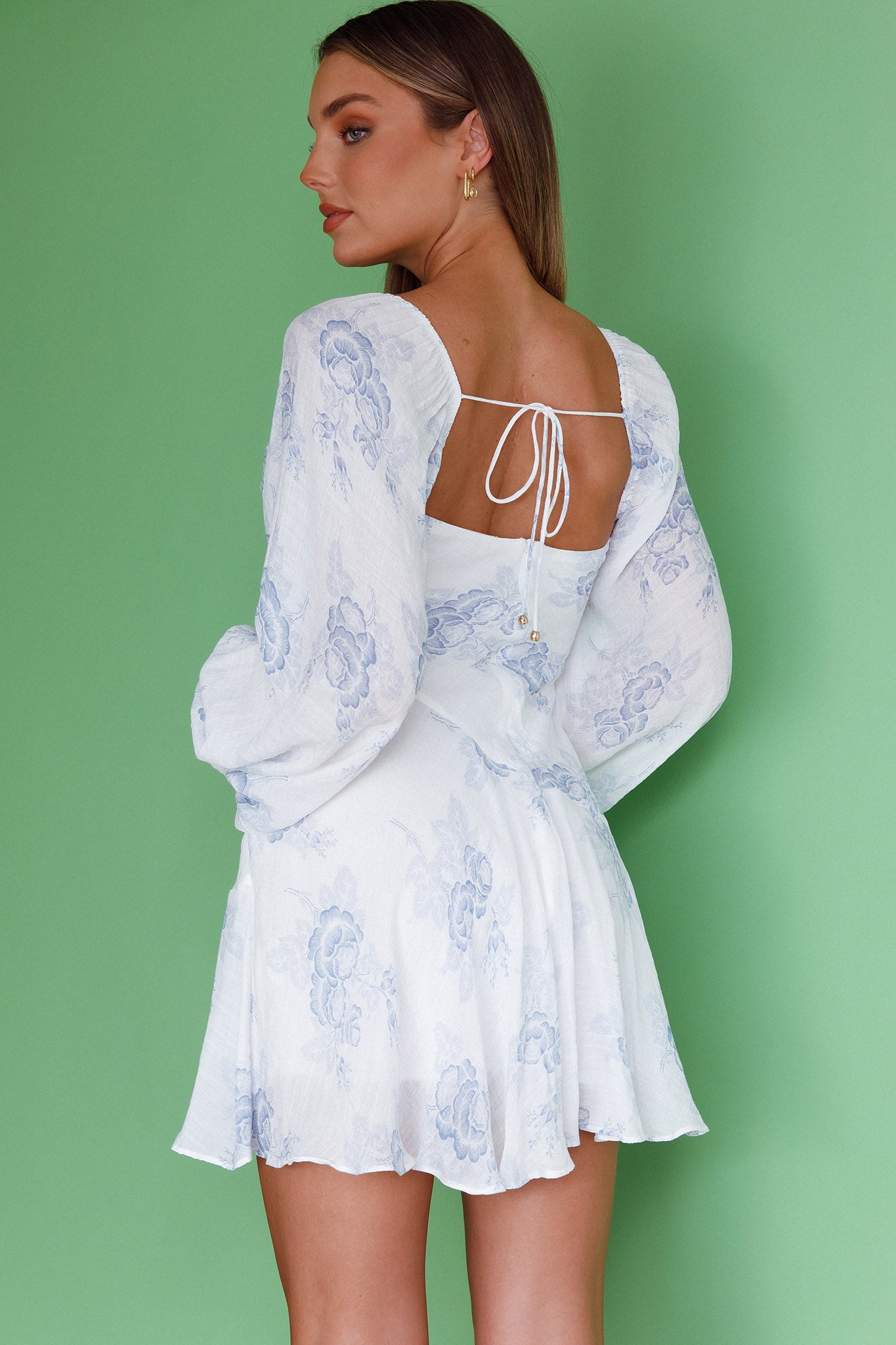Beaujolais Long Sleeve Cowl Neckline Ruffle Mini Dress Floral Blue Selfie Leslie Beaujolais Long Sleeve Cowl Neckline Ruffle Mini Dress Floral Blue Selfie Leslie
