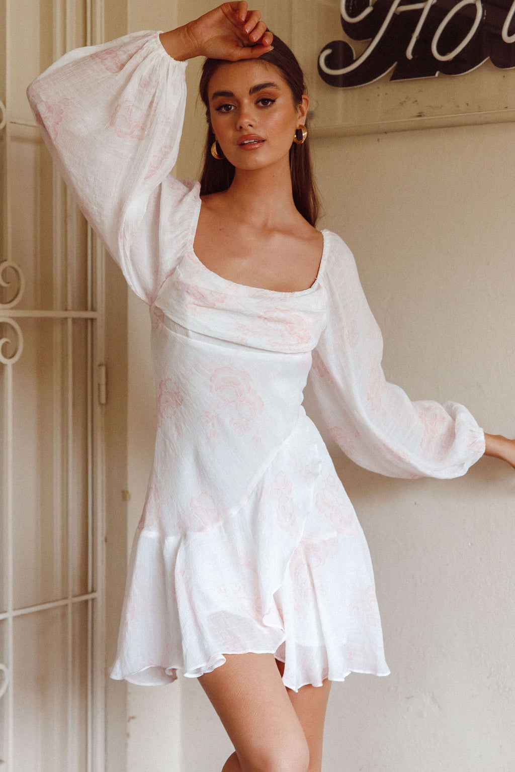 Beaujolais Long Sleeve Cowl Neckline Ruffle Mini Dress Floral Blush by Selfie Leslie