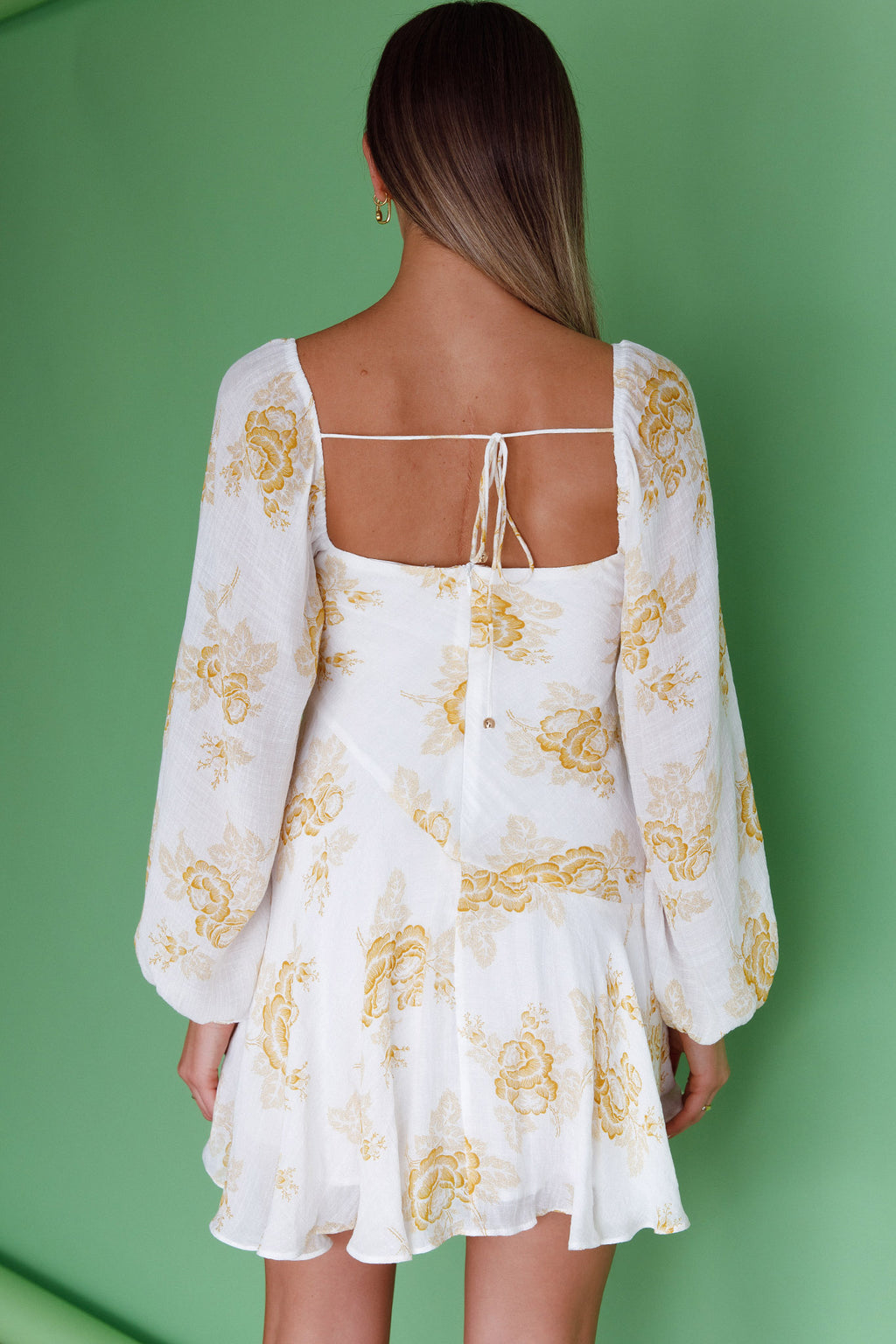Beaujolais Long Sleeve Cowl Neckline Ruffle Mini Dress Floral Yellow by Selfie Leslie