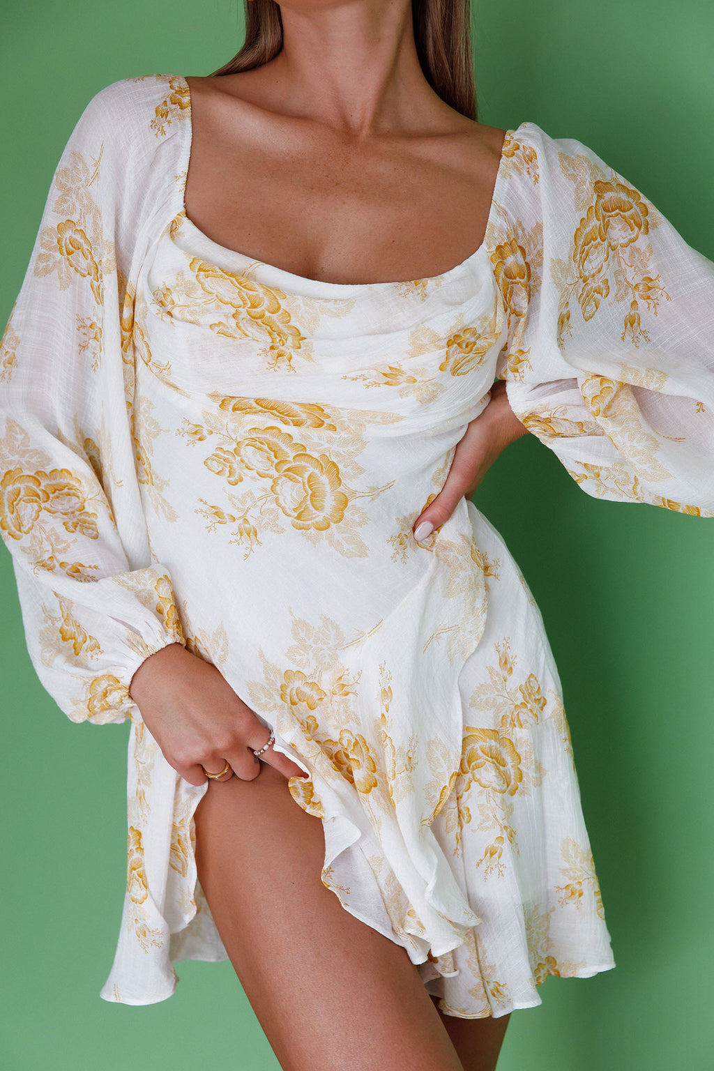 Beaujolais Long Sleeve Cowl Neckline Ruffle Mini Dress Floral Yellow by Selfie Leslie