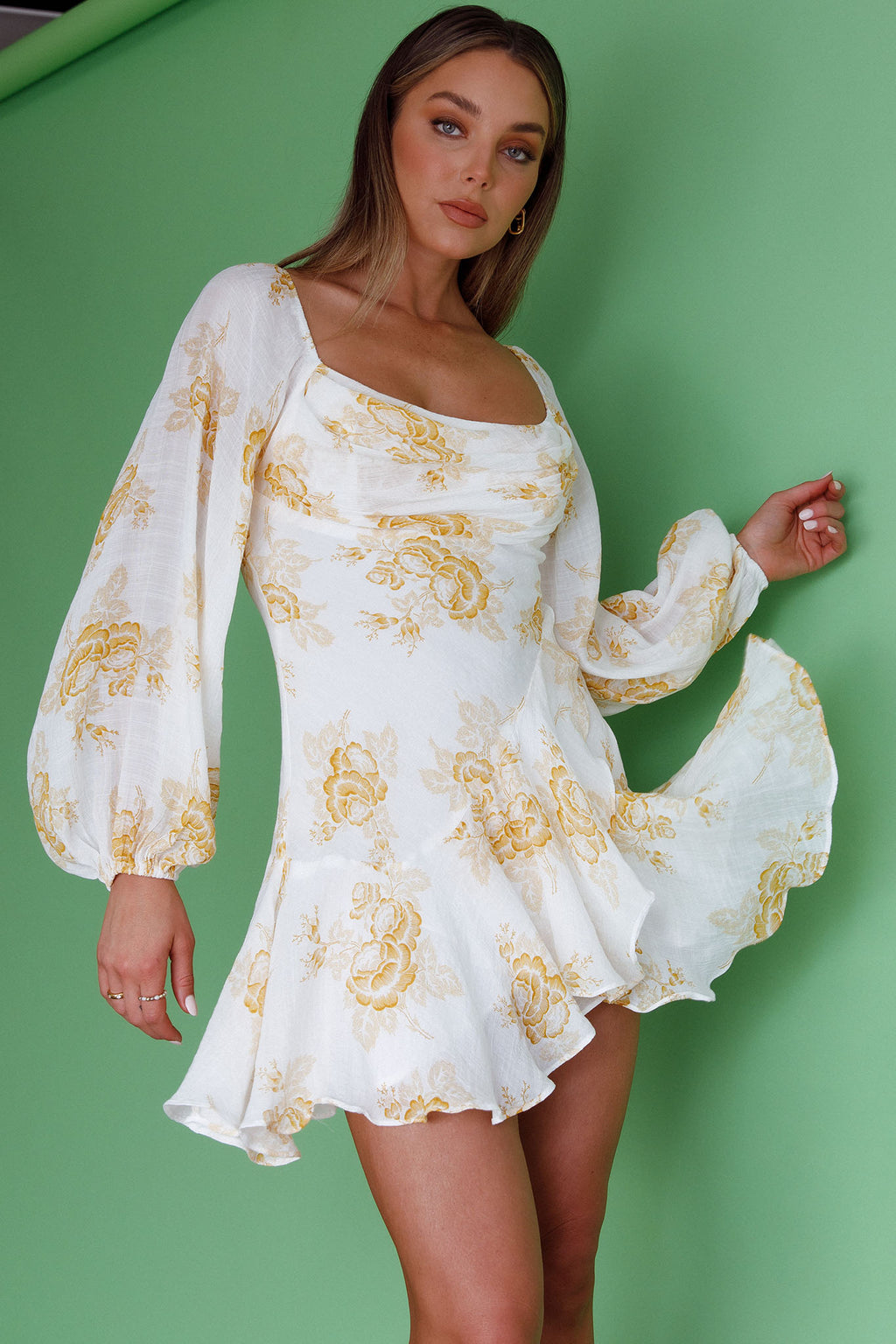 Beaujolais Long Sleeve Cowl Neckline Ruffle Mini Dress Floral Yellow by Selfie Leslie
