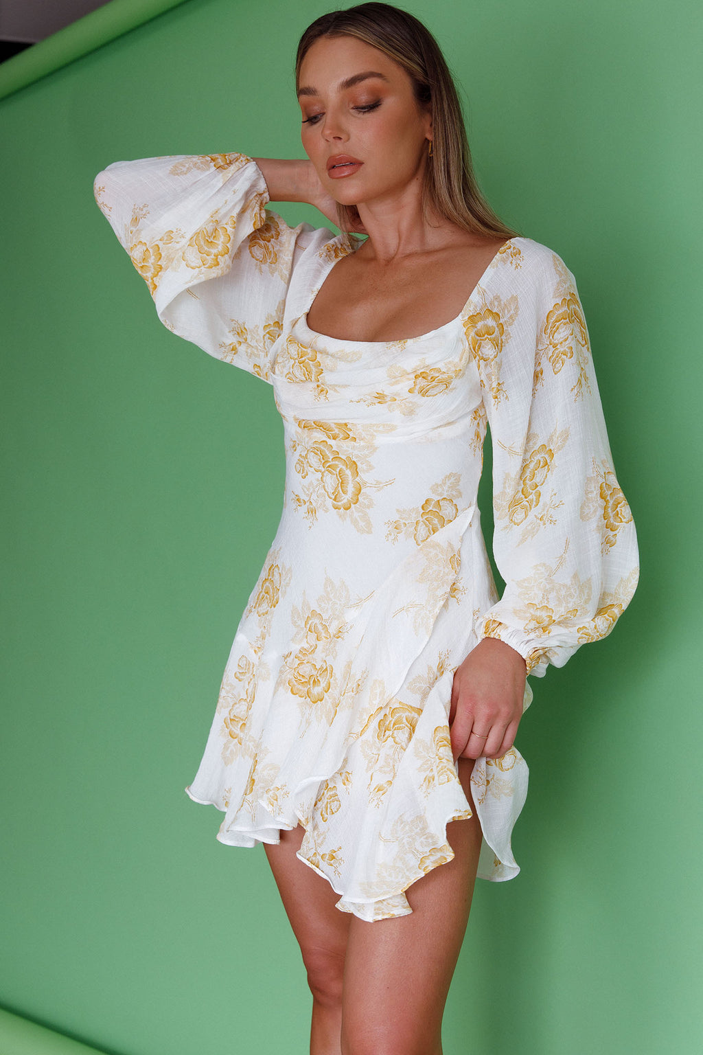 Beaujolais Long Sleeve Cowl Neckline Ruffle Mini Dress Floral Yellow by Selfie Leslie
