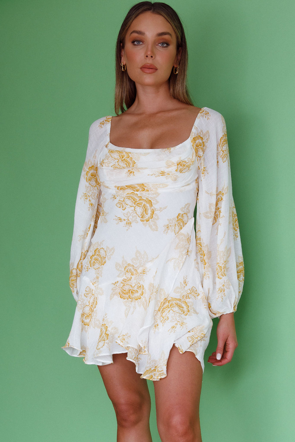 Beaujolais Long Sleeve Cowl Neckline Ruffle Mini Dress Floral Yellow by Selfie Leslie
