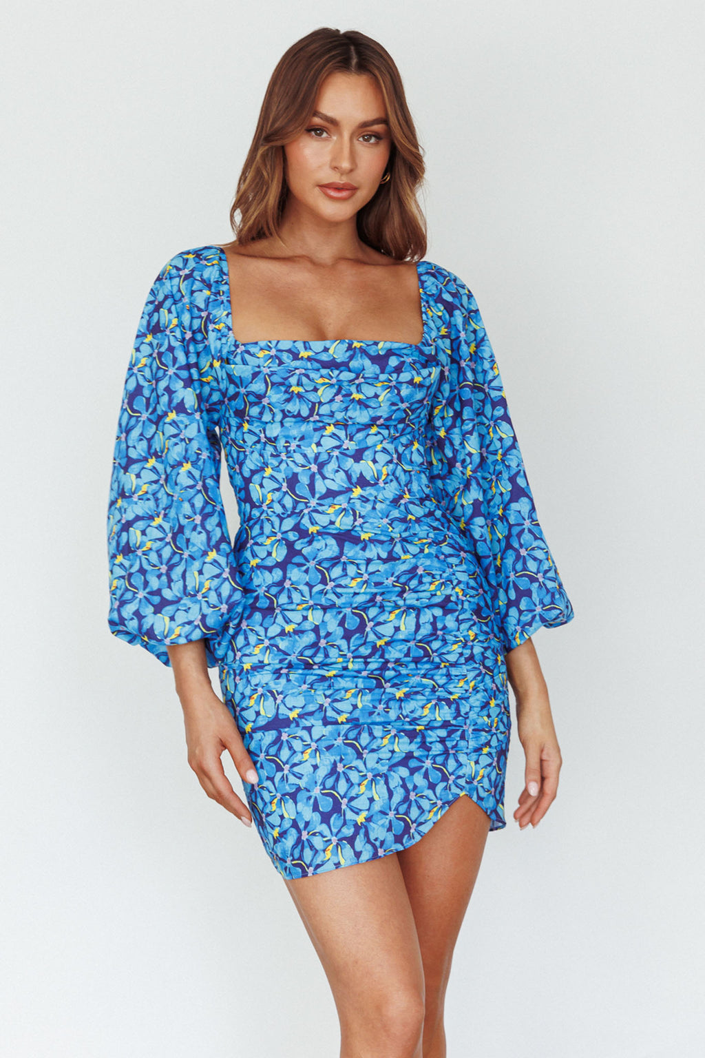 Beaujolais Long Sleeve Ruched Mini Dress Floral Blue by Selfie Leslie