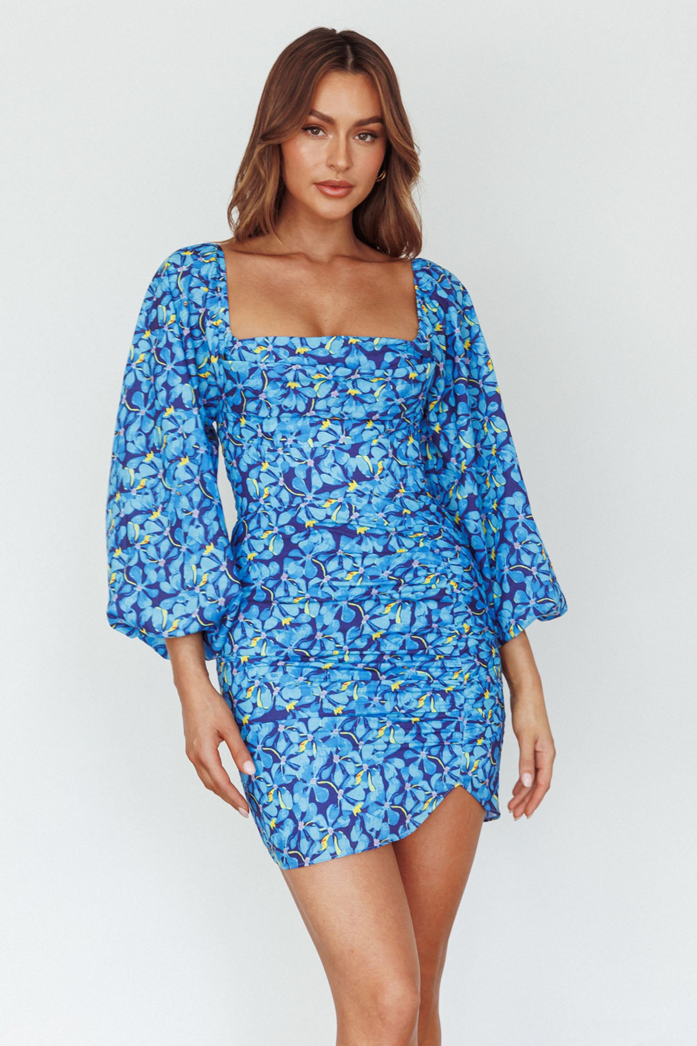 Beaujolais Long Sleeve Ruched Mini Dress Floral Blue by Selfie Leslie