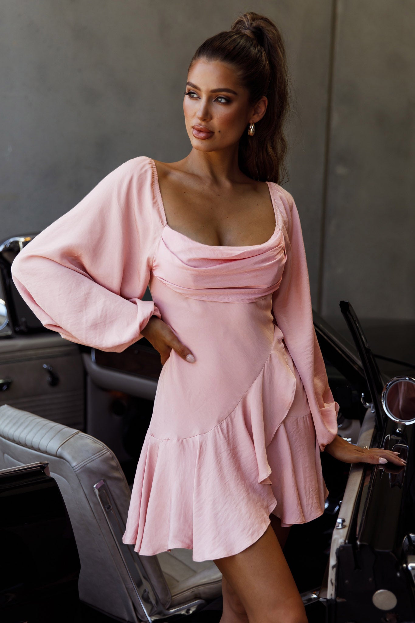 Beaujolais Long Sleeve Cowl Neckline Ruffle Satin Mini Dress Blush by Selfie Leslie