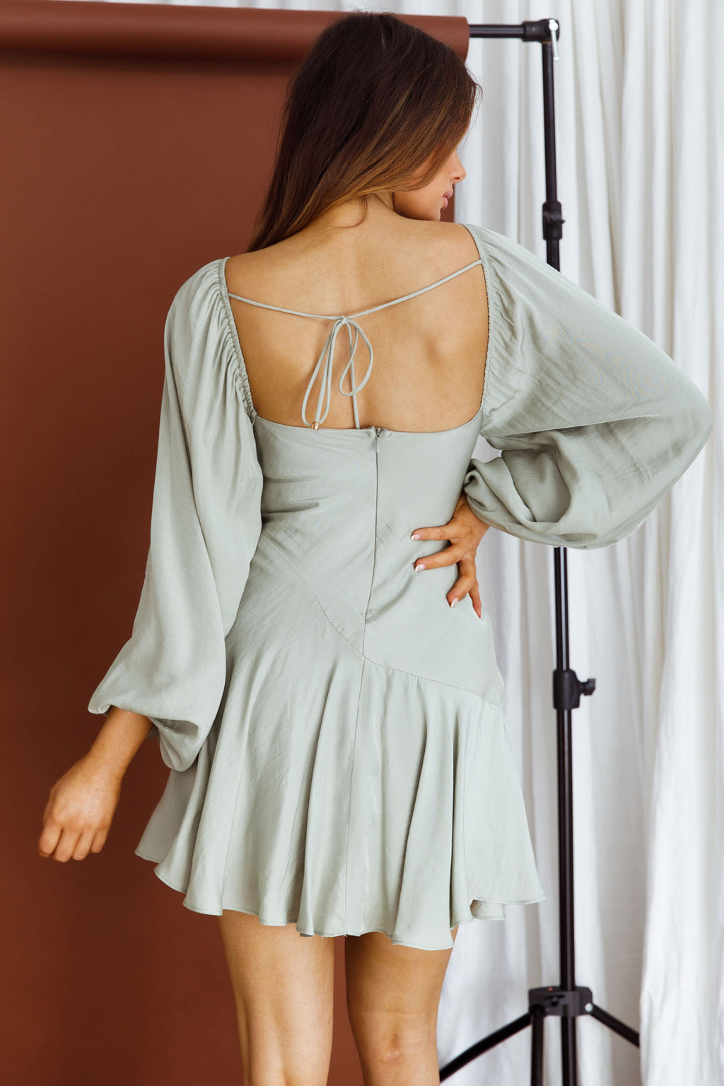 Beaujolais Long Sleeve Cowl Neckline Ruffle Satin Mini Dress Pistachio by Selfie Leslie