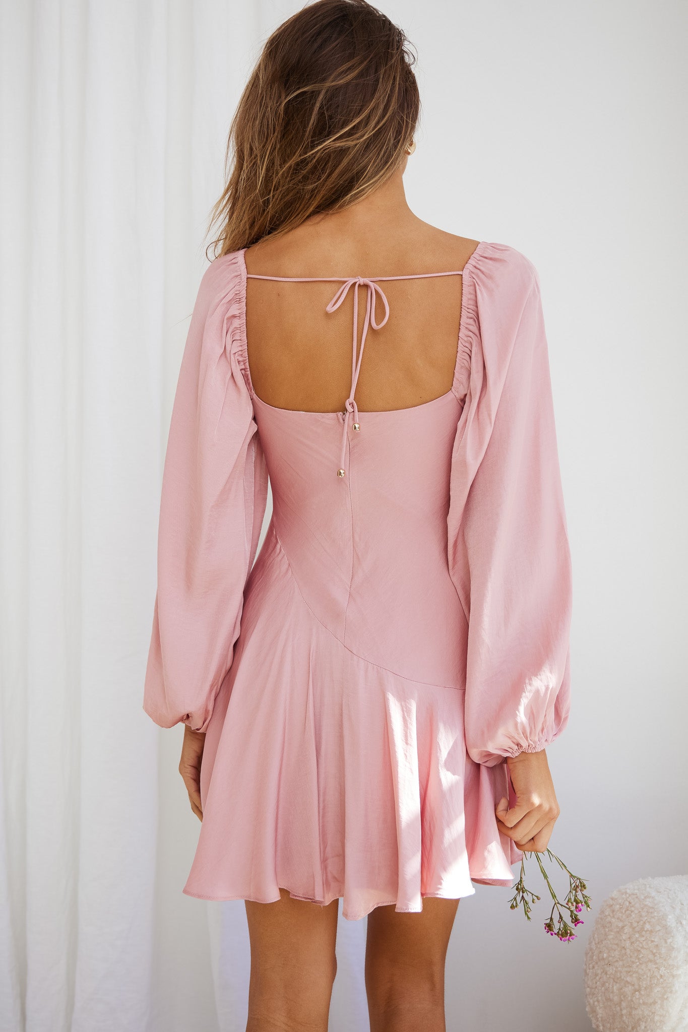 Beaujolais Long Sleeve Cowl Neckline Ruffle Satin Mini Dress Blush - S Beaujolais Long Sleeve Cowl Neckline Ruffle Satin Mini Dress Blush - S