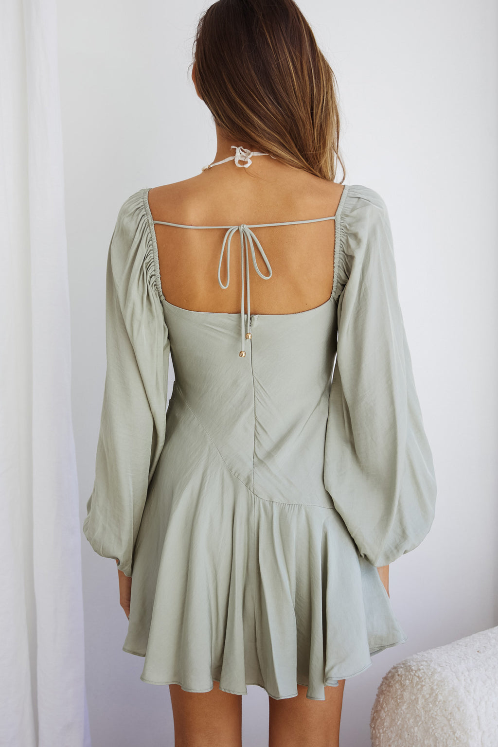 Beaujolais Long Sleeve Cowl Neckline Ruffle Satin Mini Dress Pistachio by Selfie Leslie