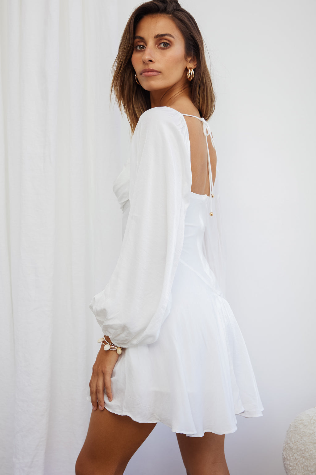 Beaujolais Long Sleeve Cowl Neckline Ruffle Satin Mini Dress White by Selfie Leslie