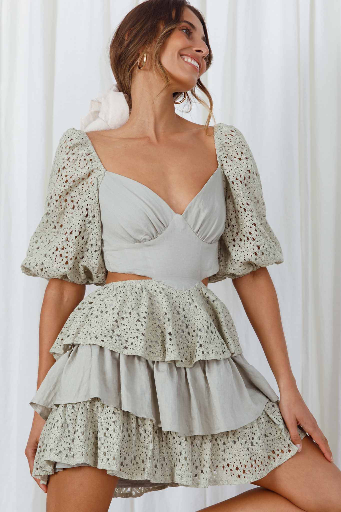Emery Floral Lace Accent Layered Ruffle Tie Back Dress Avocado by Selfie Leslie