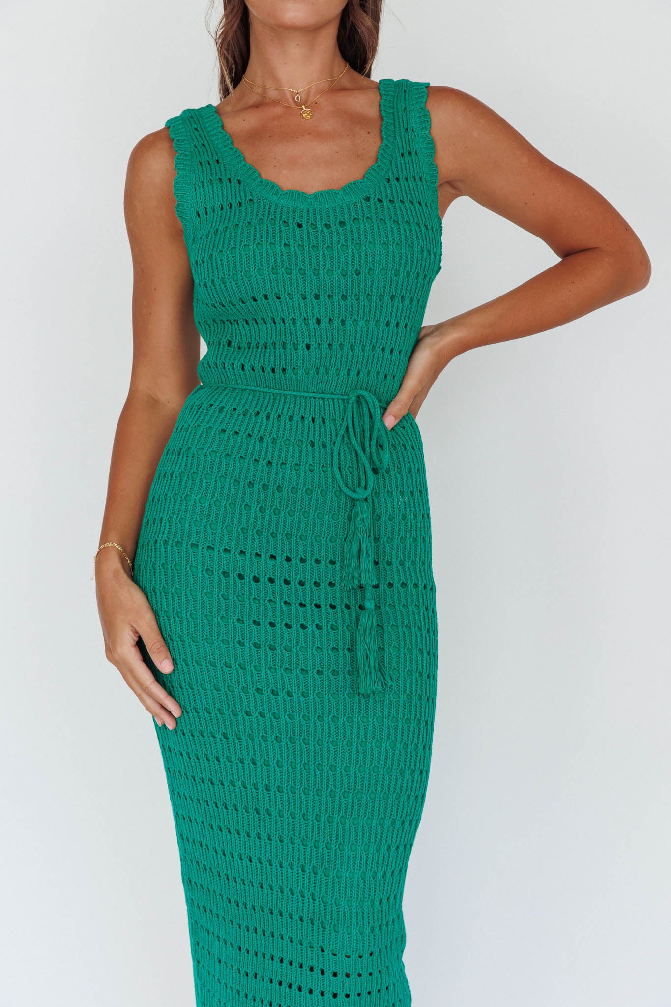 Wander Lust Crochet Midi Dress Green by Selfie Leslie