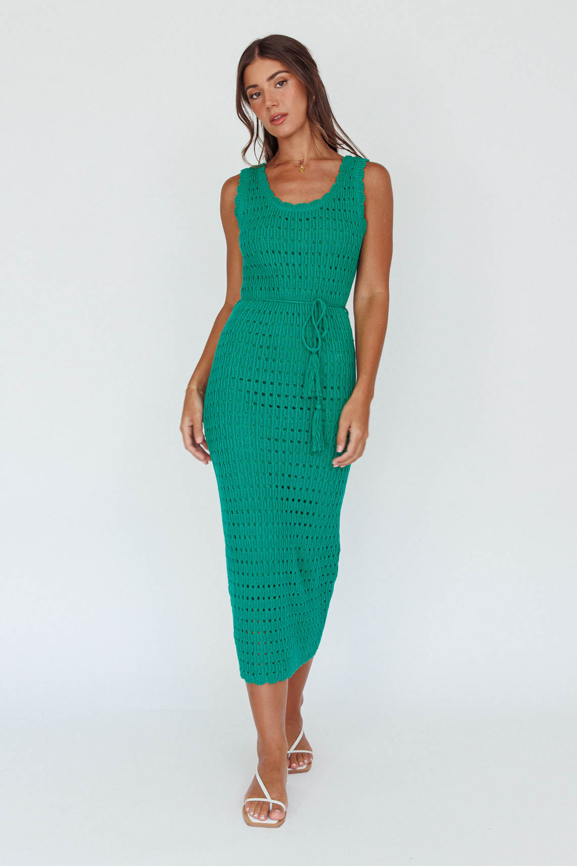 Wander Lust Crochet Midi Dress Green by Selfie Leslie