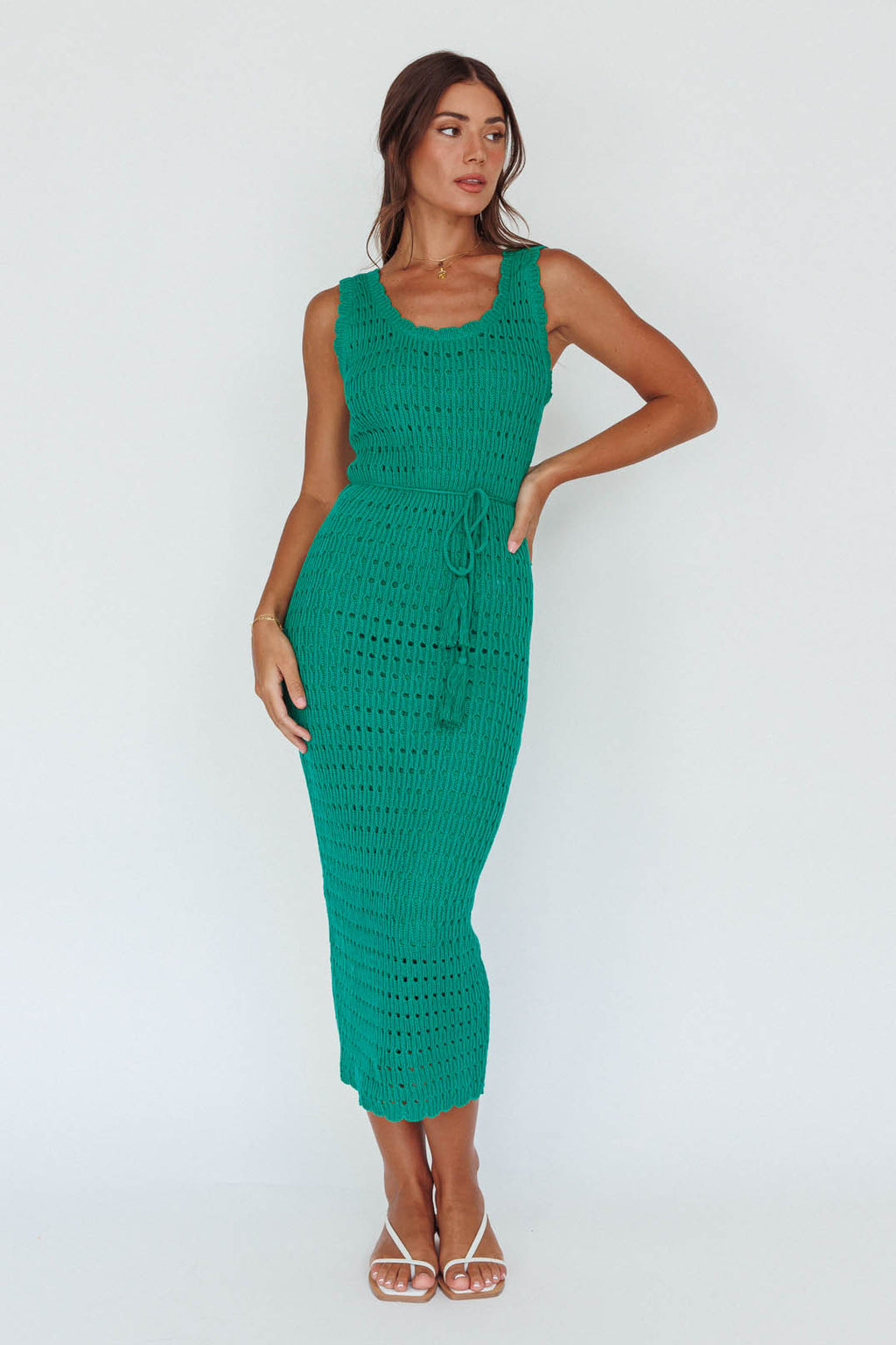 Wander Lust Crochet Midi Dress Green by Selfie Leslie