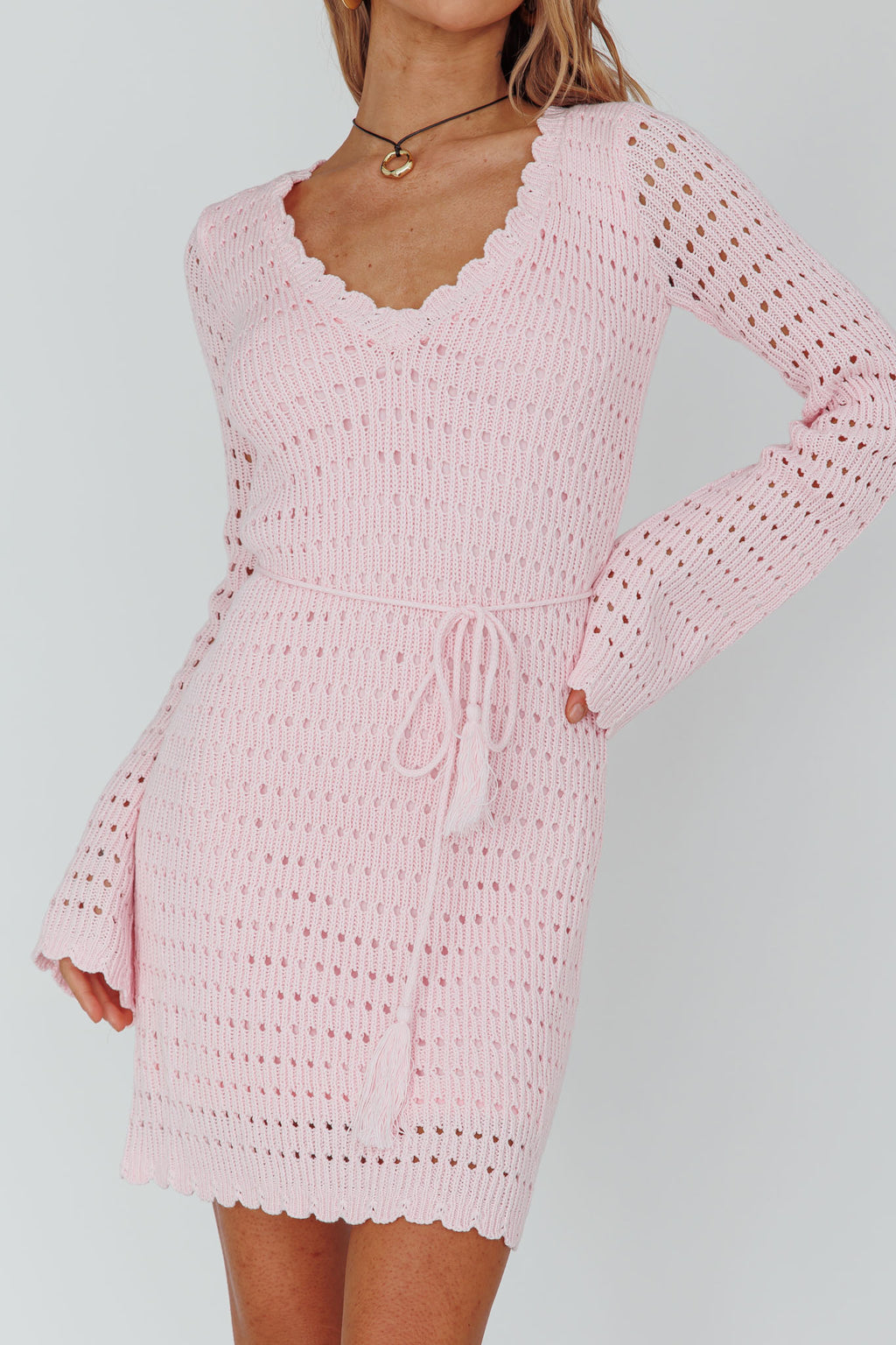 Wander Lust Long Sleeve Crochet Mini Dress Blush by Selfie Leslie