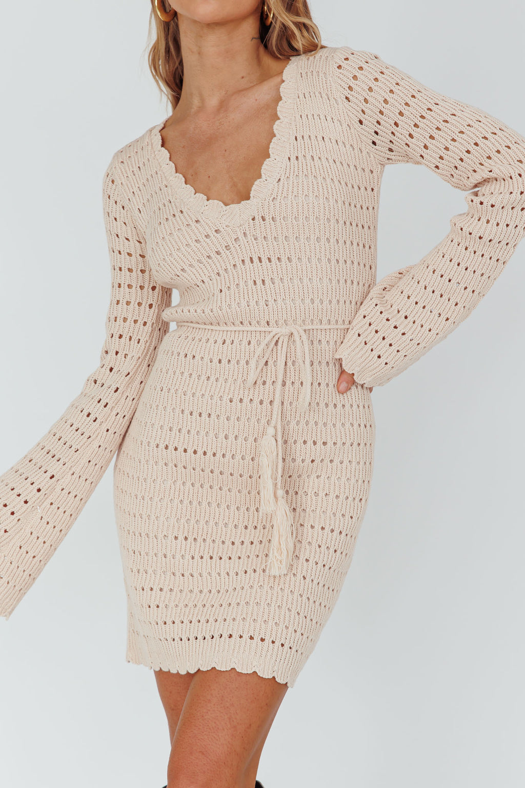 Wander Lust Long Sleeve Crochet Mini Dress Sand by Selfie Leslie