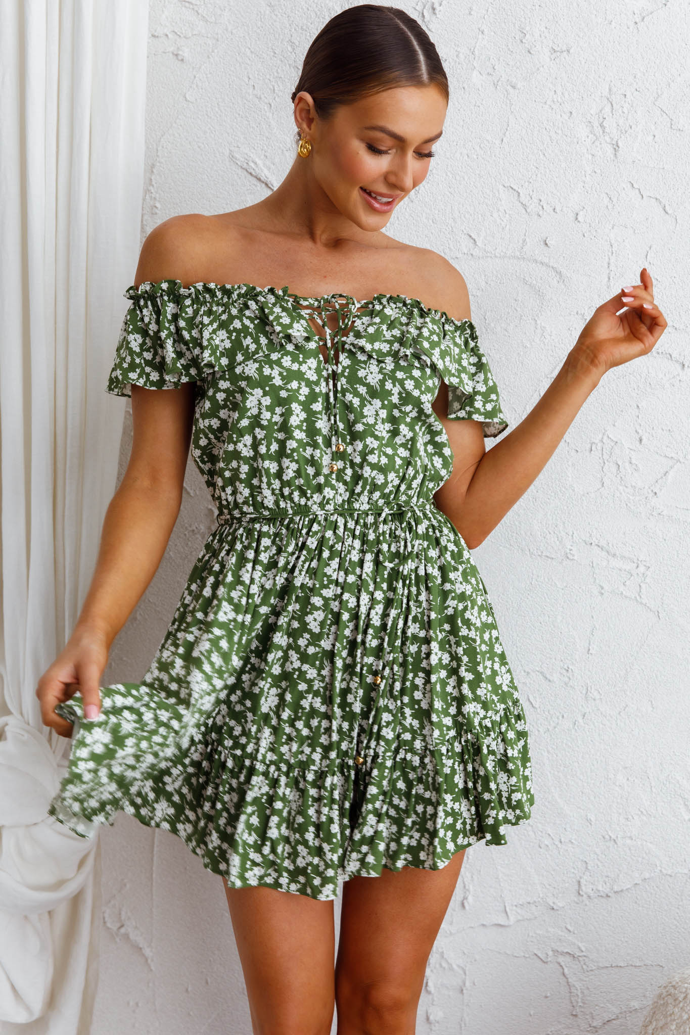 Andie Off-Shoulder Frill Dress Floral Green by Selfie Leslie
