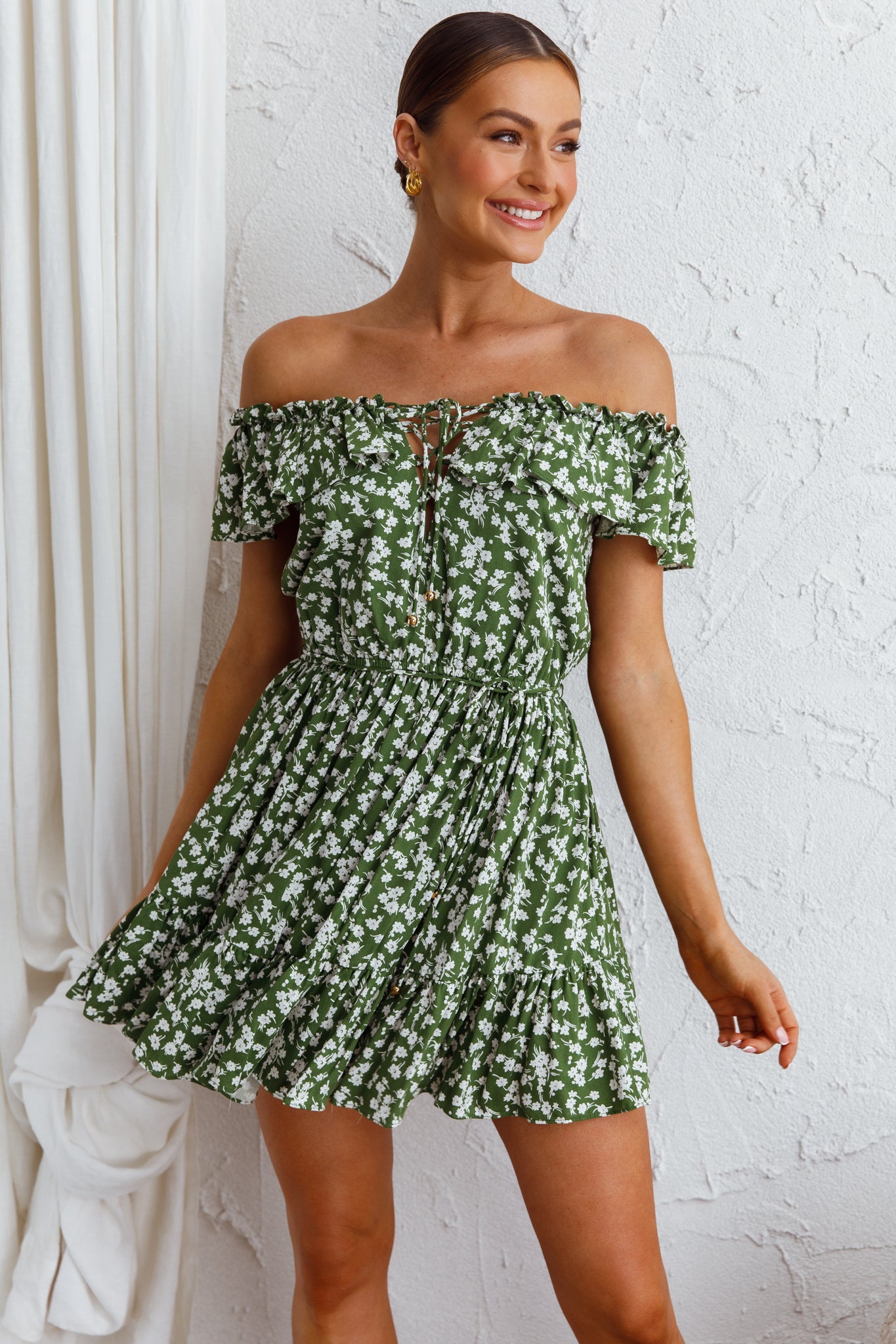 Andie Off-Shoulder Frill Dress Floral Green by Selfie Leslie